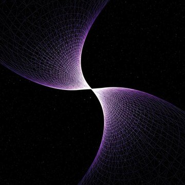 Complex abstract representation of gravitational pull bending a dimensional grid, illustrating fundamental physics, cosmic fields, and spacetime structure, line, matrix, visualization