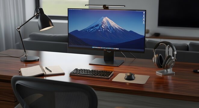 Minimalist home office desk setup with high resolution computer monitor displaying mountain landscape image elegant desk lamp and wireless keyboard plus mouse on polished wooden walnut surface.