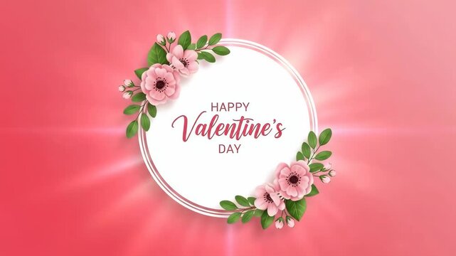 A circular frame decorated with pink flowers for happy valentine's day