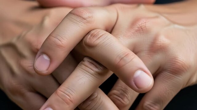 A close up view of human fingers interlaced together in a quiet moment