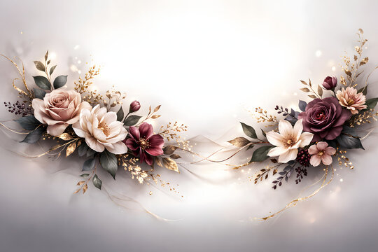 Exquisite luxury bright white background with elegant pastel pink and white roses with gold leaf ornaments. generated by AI.