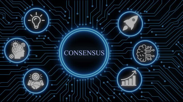 Consensus business strategy concept with digital circuit board background