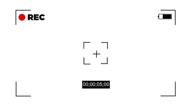 Video camera recording screen overlay with viewfinder, timecode, and battery status icon on white background.