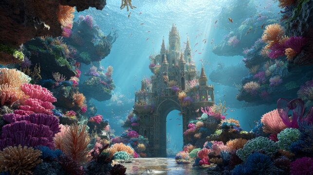 A majestic castle submerged in a vibrant coral reef, with sunlight filtering through the ocean, teeming with fish