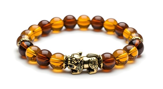 Amber beaded bracelet with golden Pixiu charm for wealth and protection in feng shui