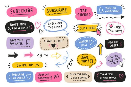 A collection of hand-drawn doodle stickers and call to action buttons for social media marketing. Cute colorful vector badges with motivational text phrases like subscribe, follow, and swipe up for bl