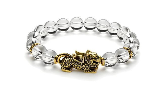 Elegant Pixiu Charm Bracelet with Clear Crystal Beads and Gold Detailing