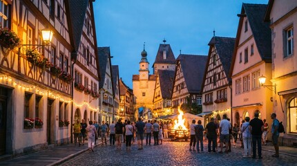 Fototapeta premium Historic German town square during summer evening festival with bonfire and traditional timber-framed architecture at twilight