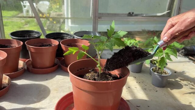 Adding compost to a transplanted young tomato plant into a larger pot in a sunlit greenhouse