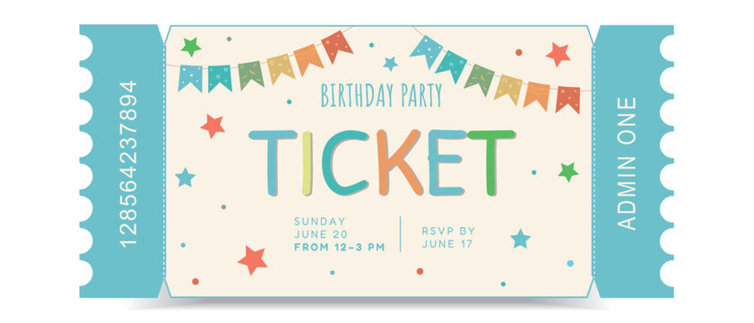 Children's birthday ticket template with garlands and stars. Horizontal vector layout in a cute cartoon style for party invitations, kids' parties, and passes.