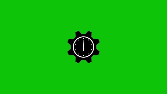 Animated clock inside gear icon spinning on green screen chroma key background