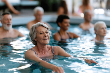 Fototapeta premium Elderly women participate in a water exercise class, showcasing camaraderie and vitality, focusing on fitness and social interaction within a nurturing environment.