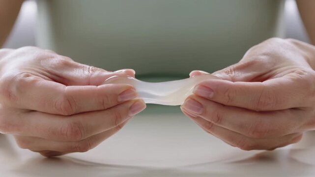 Hands stretching a translucent elastic gel substance