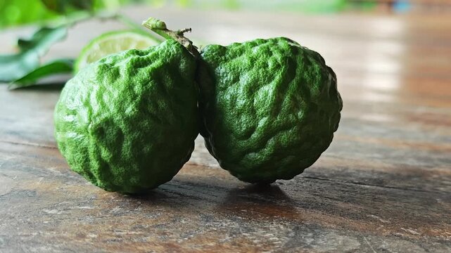 Close up of two fresh green kaffir lime fruits on wooden table.