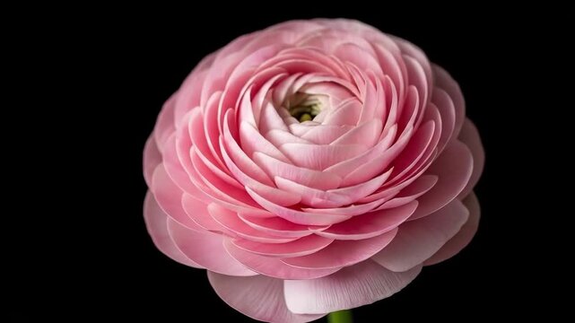 A single delicate pink ranunculus flower isolated on a deep black background