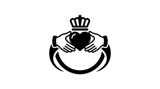 Claddagh Ring Symbol, Love, Loyalty, Friendship, Irish Heritage, Black and White Icon