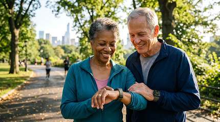 Fototapeta premium Smiling senior man and woman using a smartwatch together during an outdoor leisure walk