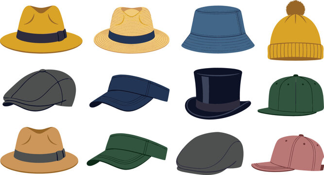 Hats and caps collection featuring flat vector illustration of fedora panama beanie bucket hat visor top hat baseball cap