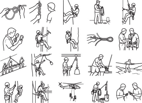Collection of line art illustrations detailing various knot tying techniques, climbing safety procedures, and industrial rigging operations.