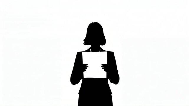 Businesswoman silhouette holding paper document motion graphic isolated on white background for professional corporate communication and presentation video animation