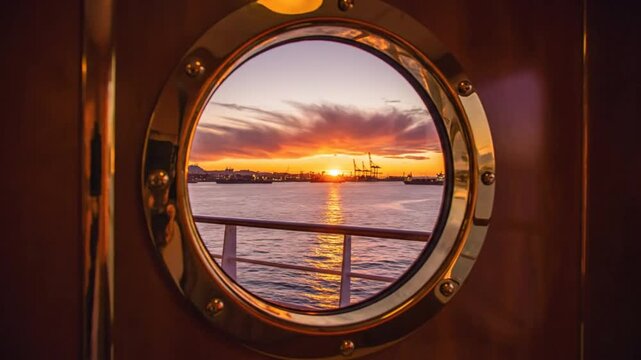 Stunning sunset view from a ship cabin, showcasing vibrant sky reflecting on the sea, scenic horizon through porthole and window