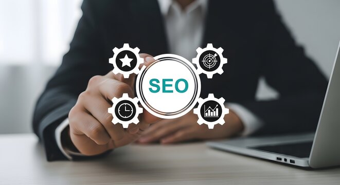Seo concept with gears and business professional in blurred background