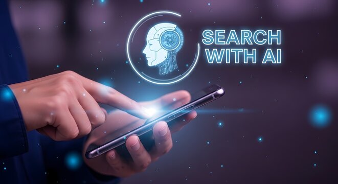 Artificial intelligence search concept with smartphone and human brain interface