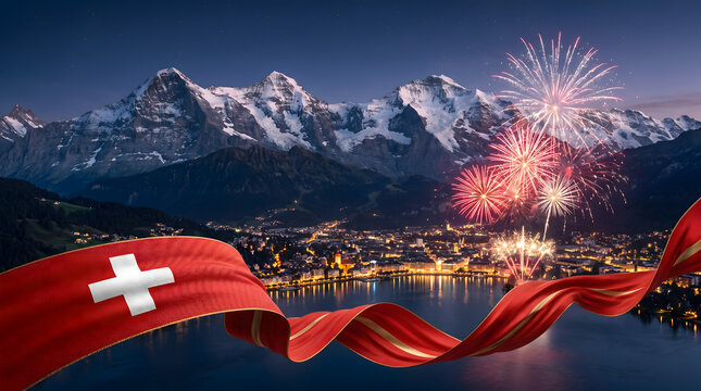 Swiss National Day Fireworks Over Alpine City Skyline.