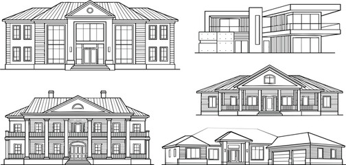 Fototapeta premium Luxury mansion and modern villa house line icon set featuring traditional colonial estates and contemporary residential architecture vectors