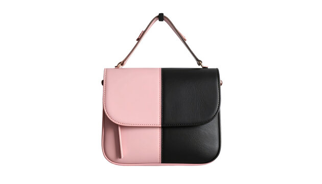 A modern handbag presents a vertical split color design. One side is black and the other is pink. It hangs against a black background