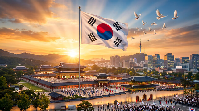 Republic of Korea Liberation Day Flag Above Seoul Palace.