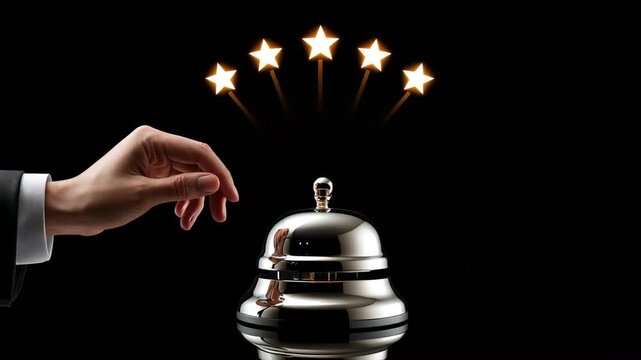 Service bell ringing with five gold stars animation showing customer satisfaction and high quality hospitality business motion video footage