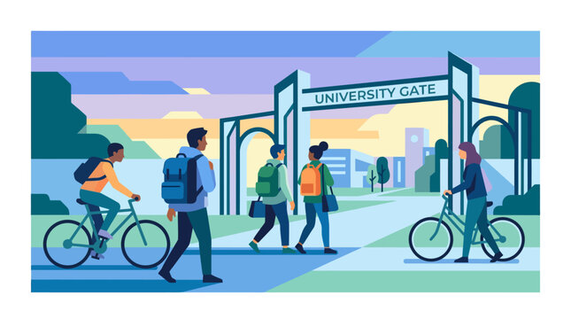 Students walking through university gate with backpacks and bicycles, education concept