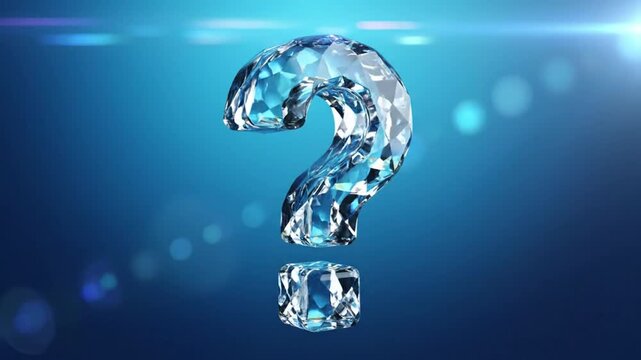 Luxurious crystalline question mark floating against a vibrant blue backdrop representing uncertainty, inquiry, and curiosity