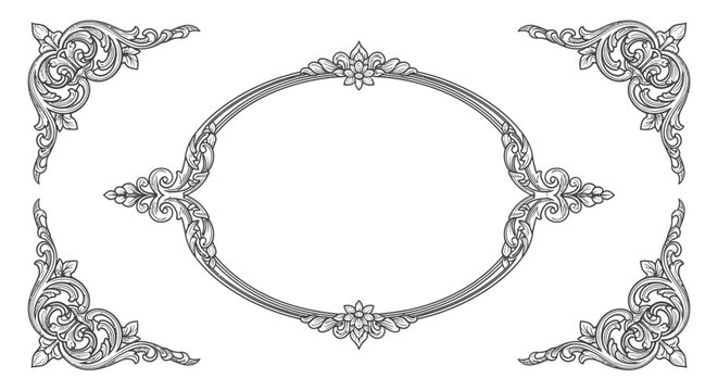 Highly ornate oval frame with intricate floral patterns and classic scrollwork corners on an isolated white background.