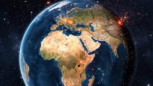 Earth suffering global crisis with exploding cities during nighttime cosmic background