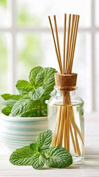 Peppermint Oil Bottle Beside Bamboo Diffuser Stick for Aromatherapy Wellness and Natural Home Fragrance, Peppermint Oil Bottle Beside Bamboo Diffuser Stick Relaxation Concept and Spa Lifestyle 