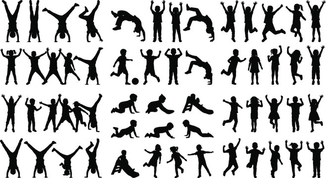 Large collection of energetic children silhouettes playing jumping running and doing gymnastics exercises for childhood education designs