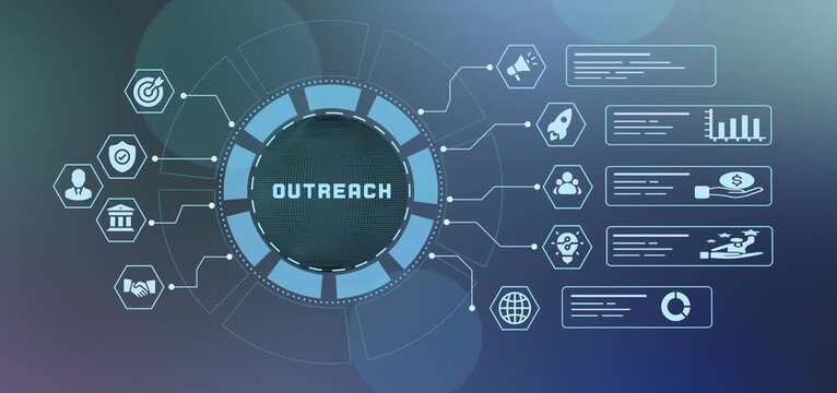 Digital HUD dashboard interface displaying global outreach strategy, communication network, and public relations.