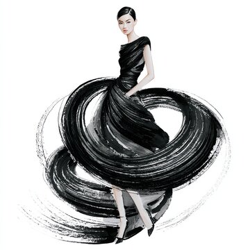 Elegant Black Fashion Illustration with Flowing Couture Dress and Artistic Brushstroke Design Elegant Black Fashion Illustration for Luxury Fashion Branding Editorial Style and High End Beauty Concept