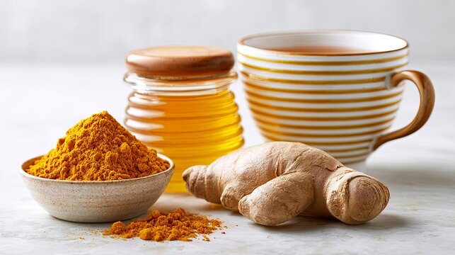 Turmeric Ginger Wellness Drink with Fresh Ginger Root and Natural Honey, Turmeric Ginger Wellness Drink for Immune Support, Anti Inflammatory Nutrition and Healthy Lifestyle Background