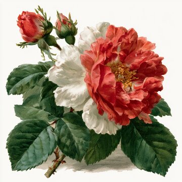 Vintage Botanical Rose Illustration Vintage Botanical Rose Illustration with Blooming Garden Rose and Lush Green Leaves, Vintage Botanical Rose Illustration for Floral Art Print