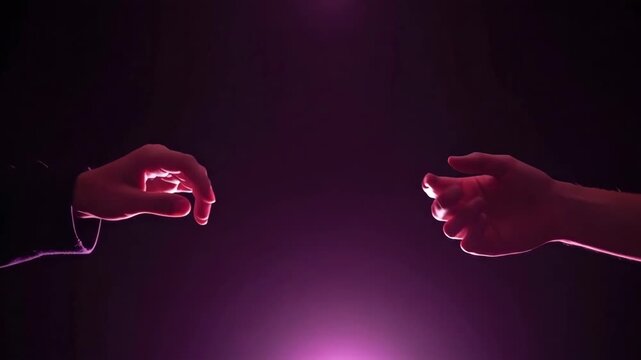 Two hands reaching toward each other in a dark setting with purple lighting