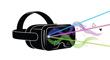 Naklejka premium Side profile view of a black virtual reality headset projecting colorful wavy light lines and geometric shapes into empty space.