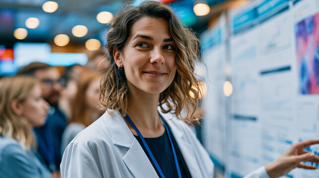 Immunology scientist presenting mRNA stability test results at a standing poster session during a pharmaceutical research conference, crowd of peers clustered around examining data charts, busy conf