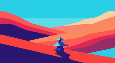 Fototapeten Türkis Vibrant vector illustration depicts a serene landscape with a pagoda at sunset.  © Life Studio