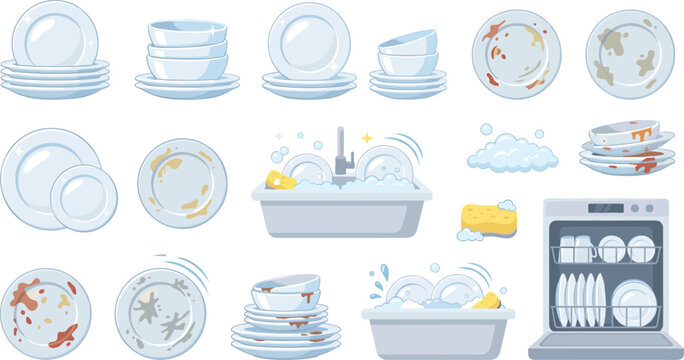 dirty and clean kitchen dishes washing set with sink dishwasher soap sponge plates vector illustration ai generated