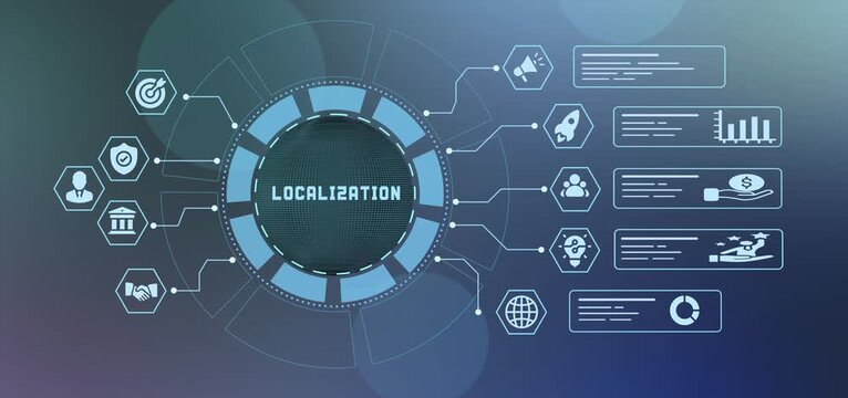 Global localization marketing strategy visual concept with regional targets and culturally adapted business graphics.