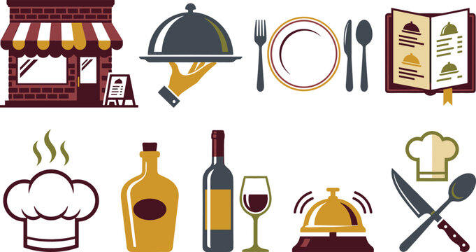 Restaurant and catering flat icon collection featuring cafe storefront cloche serving tray plate cutlery menu wine bottle chef hat vector