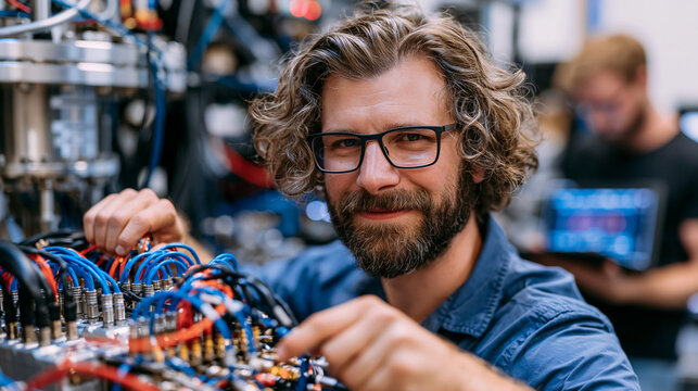 Quantum computing researcher carefully aligning a dilution refrigerator's coaxial cable array inside a floor-to-ceiling cylindrical cryostat unit, colleague in background reviewing qubit coherence r